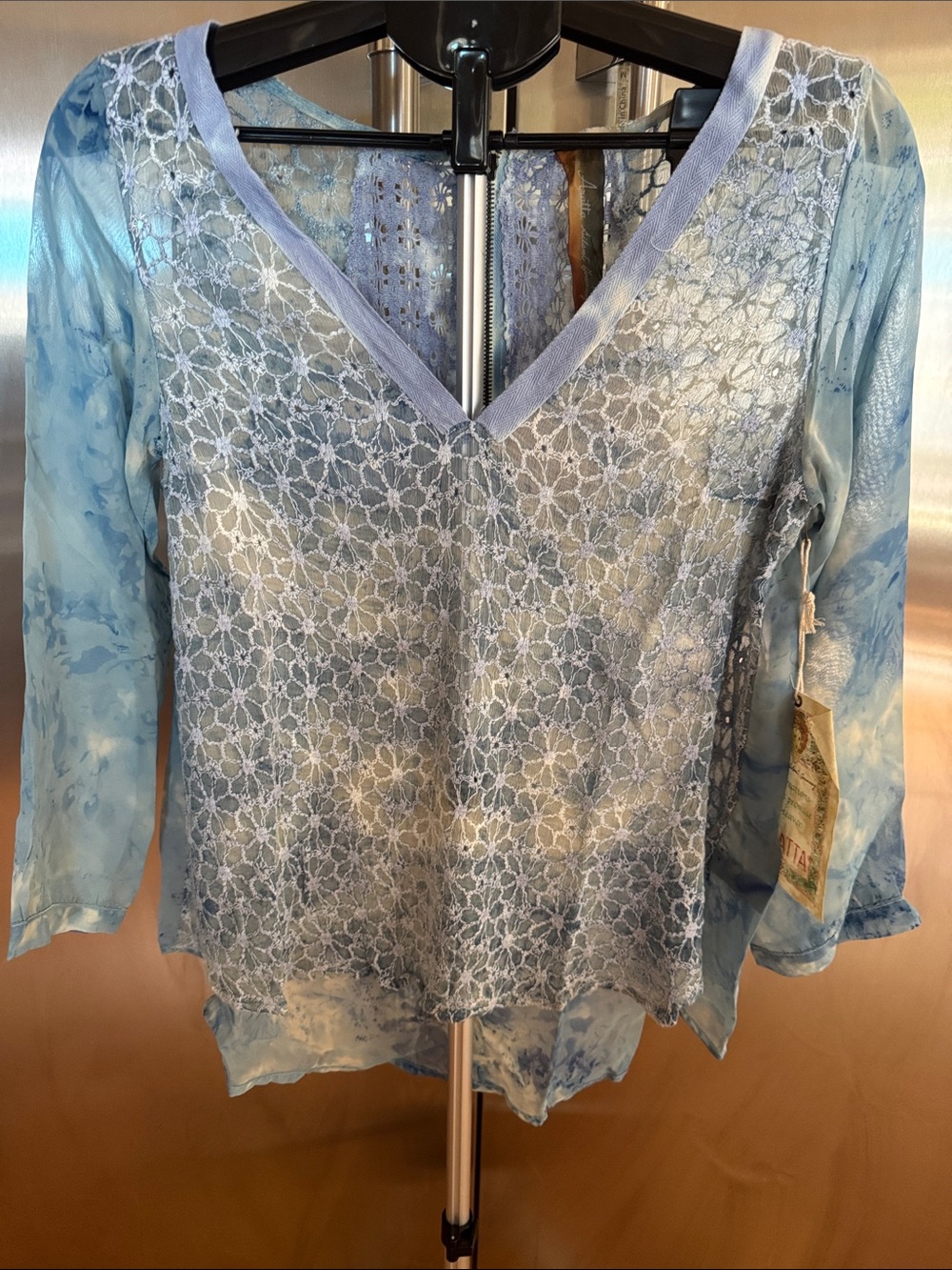 Aratta Silent Journey Women's Light Blue Silk Blend Lace V-Neck Blouse